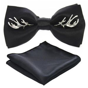 Black Bow Tie Set with Metal Antlers